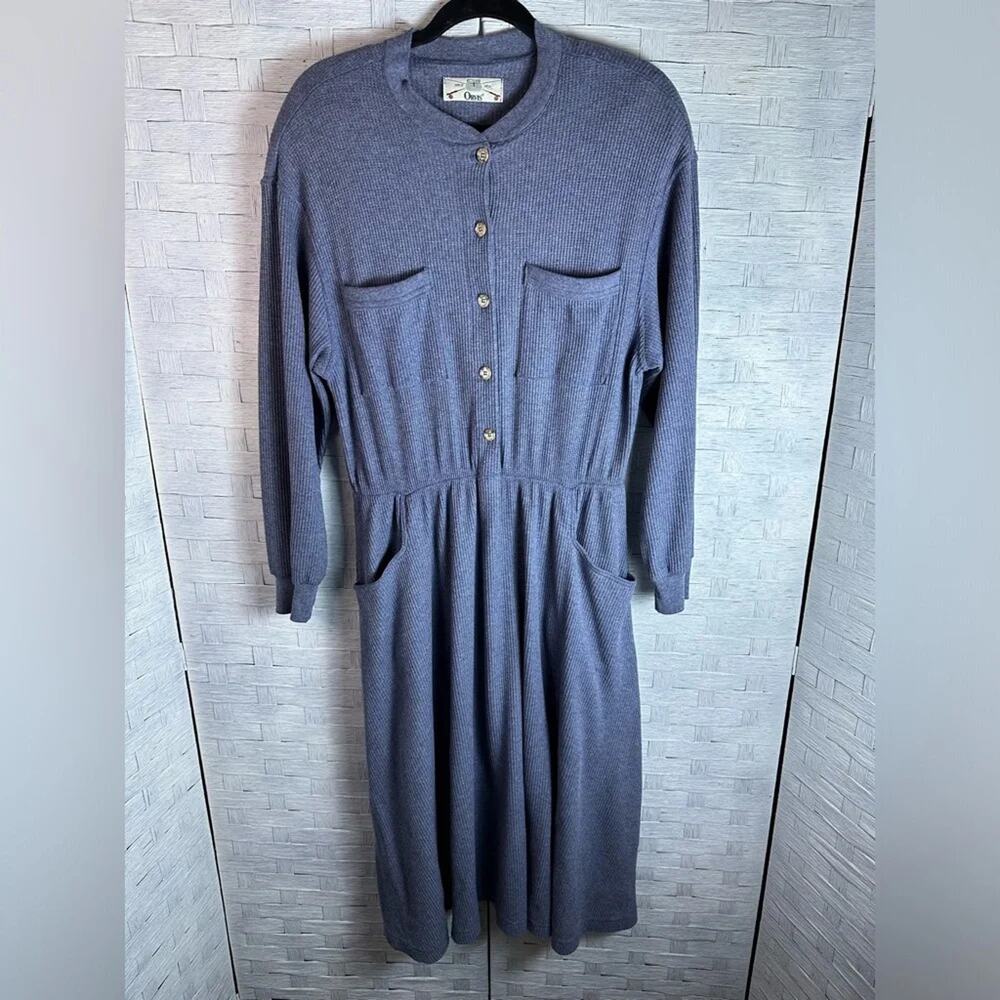 Orvis vintage blue waffle knit long Sleeve Shirt Dress POCKETS modest‎ layering